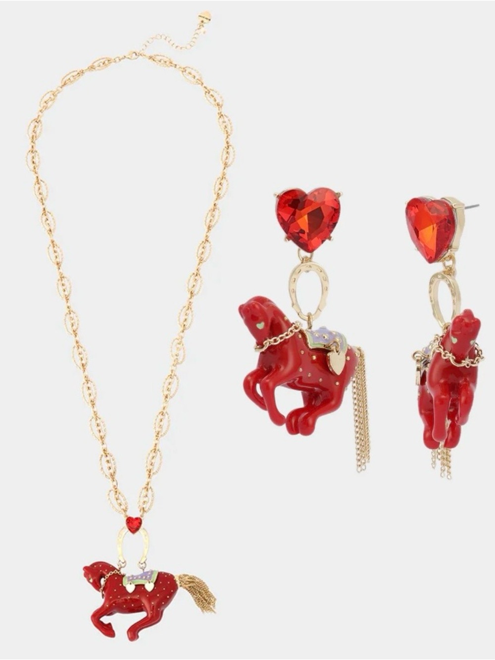 🐎🧲BETSEY JOHNSON Year of the Horse Pendant Necklace & Drop Earrings Gold Plated